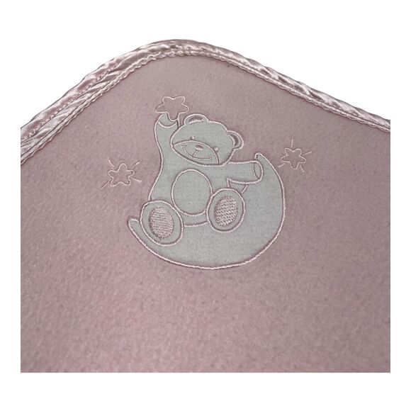 Cutie Pie Pink Bear Sitting On Moon Baby Blanket Satin Trim - Picture 1 of 7